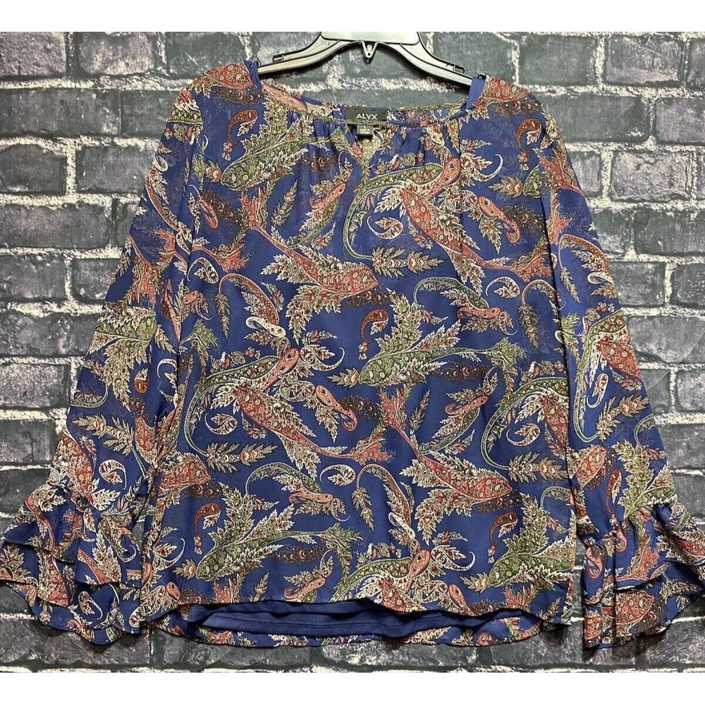 Alyx Cami Peasant Top Women Large Blue Floral Long Sleeve Bell Sleeve Sheer Boho